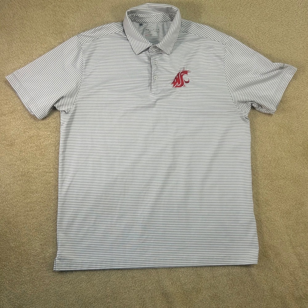 Under Armour Mens XL HeatGear Golf Polo Shirt Striped WSU Cougars Red Logo